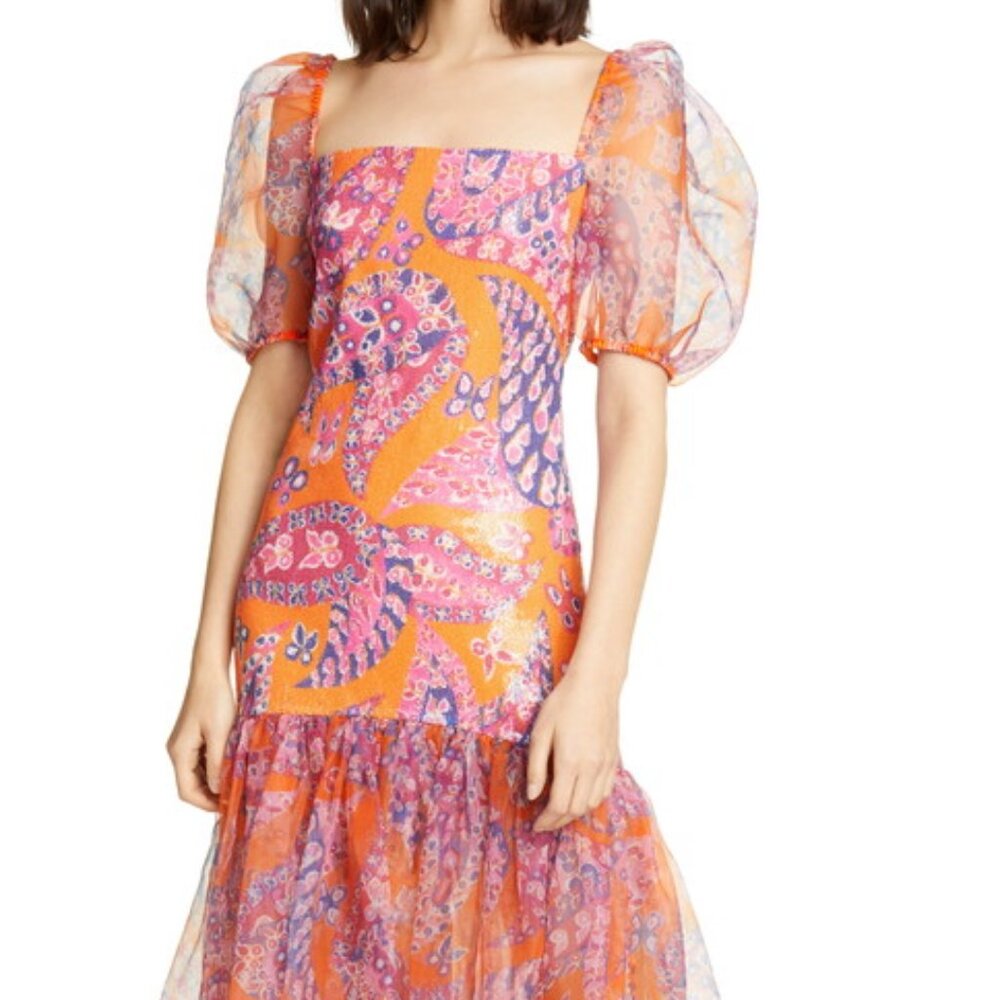 STAUD Wilde Gown - MONARCH PAISLEY - Size 6 - Orange Pink Sequin Sheer FORMAL - Picture 2 of 12